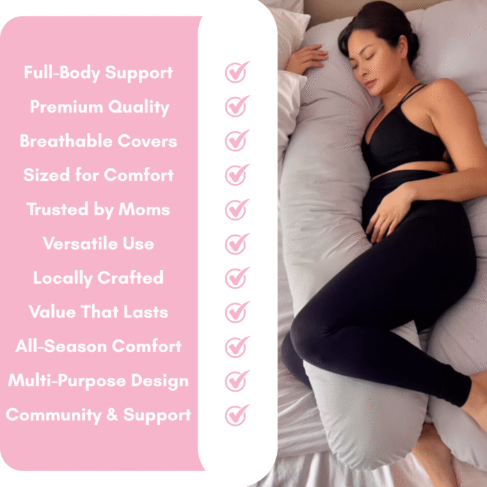 Maxine Medina Resting on OMGPH Giant Pregnancy Pillow – Full Body Comfort Maxine Medina relaxing on OMGPH giant pregnancy pillow, white cover, full body support