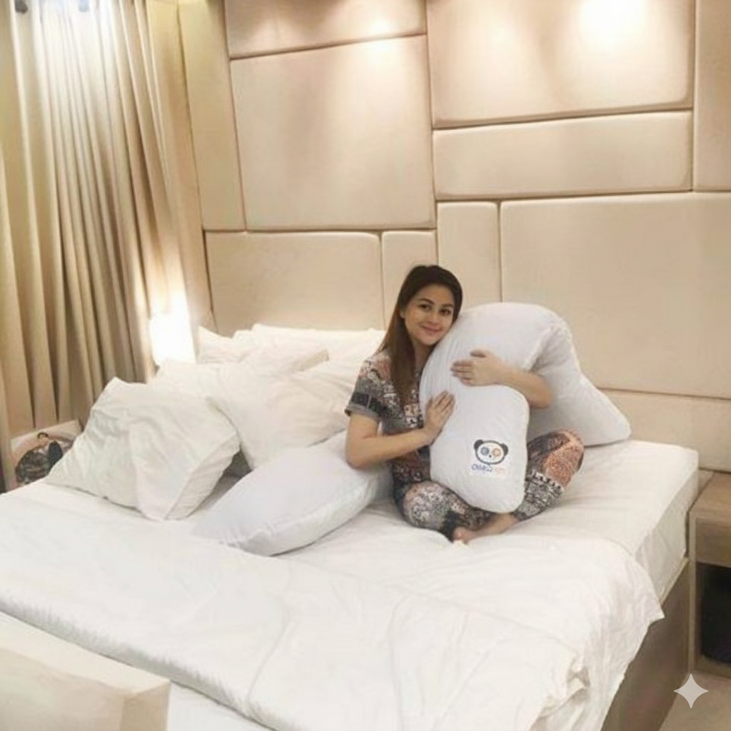 Dianne Medina holding the OMGPH Giant Pregnancy Pillow for cozy sleep