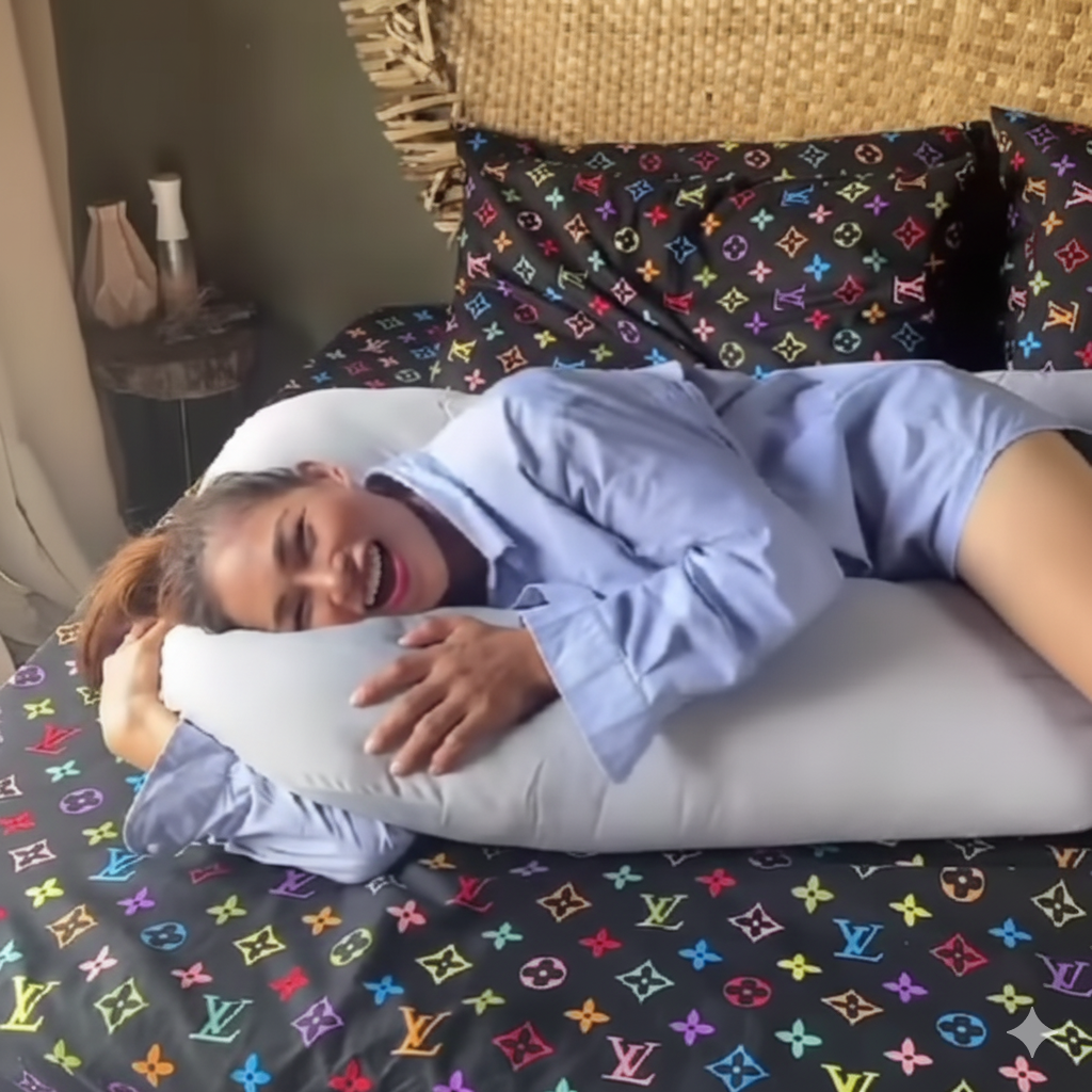 Michelle Fox featured with OMGPH pregnancy pillow providing comfort and full body support